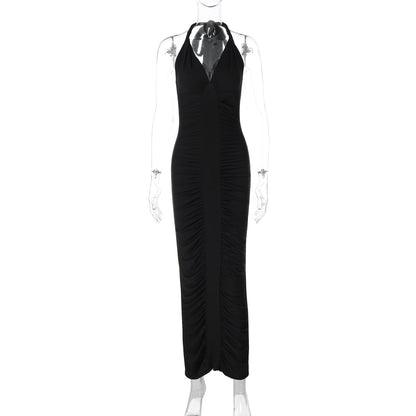 V neck Backless Lace up Slim Fit Pleated Dress