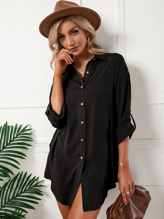 Jeanette Button Down Tunic Top Black