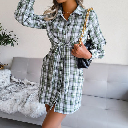 Klay Cotton Plaid Button Down Shirt Dress Green