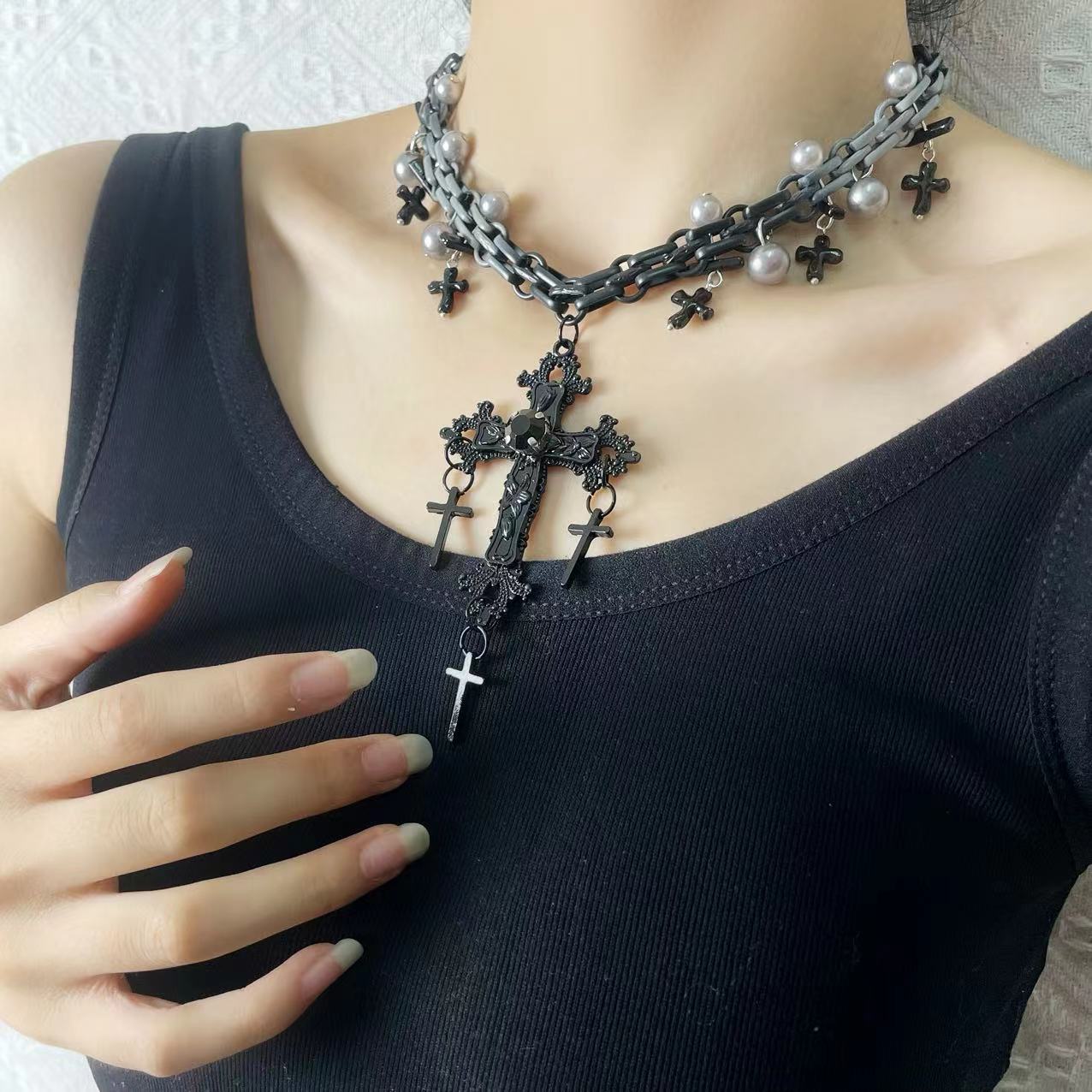 Gothic Sweet Punk Cross Tassel Pearl Hiphop Necklace