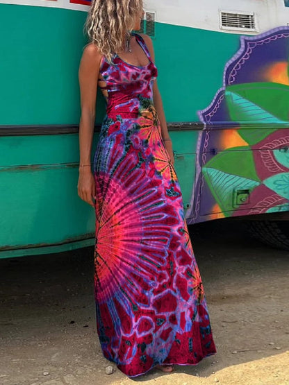Abstract Floral Printing Backless Dress