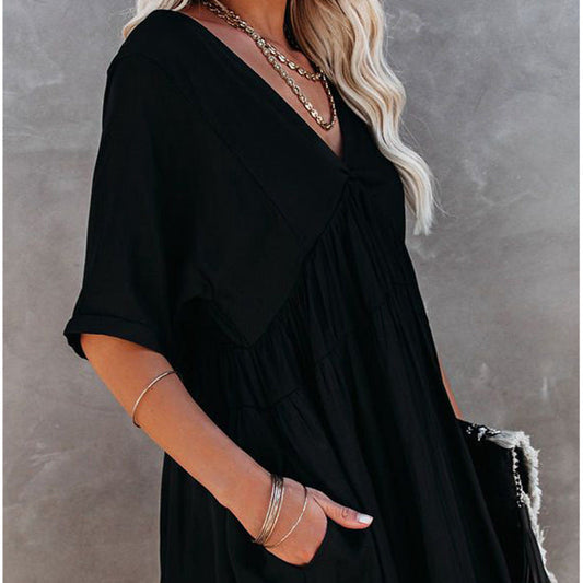 Oatland Cotton Pocketed Babydoll Dress Washed Black