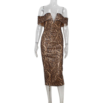 Leopard Print Printed off Shoulder Tube Top V neck Slim Fit Sheath Red Blanket Dress