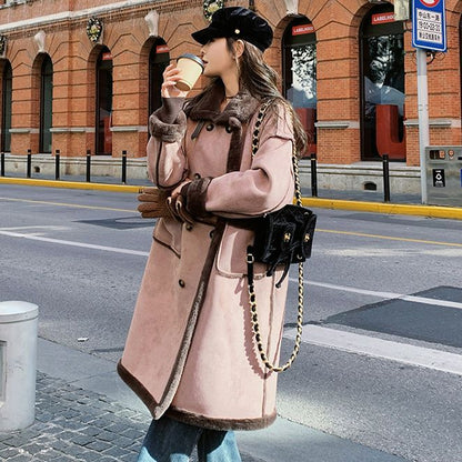 Double-Breasted Fleece Lined Faux Leather Longline Coat