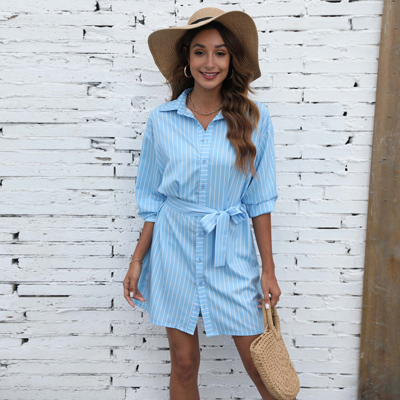 Kye Satin Striped Button Down Tie Dress