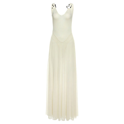 Slim V neck Backless Strap Mesh Dress
