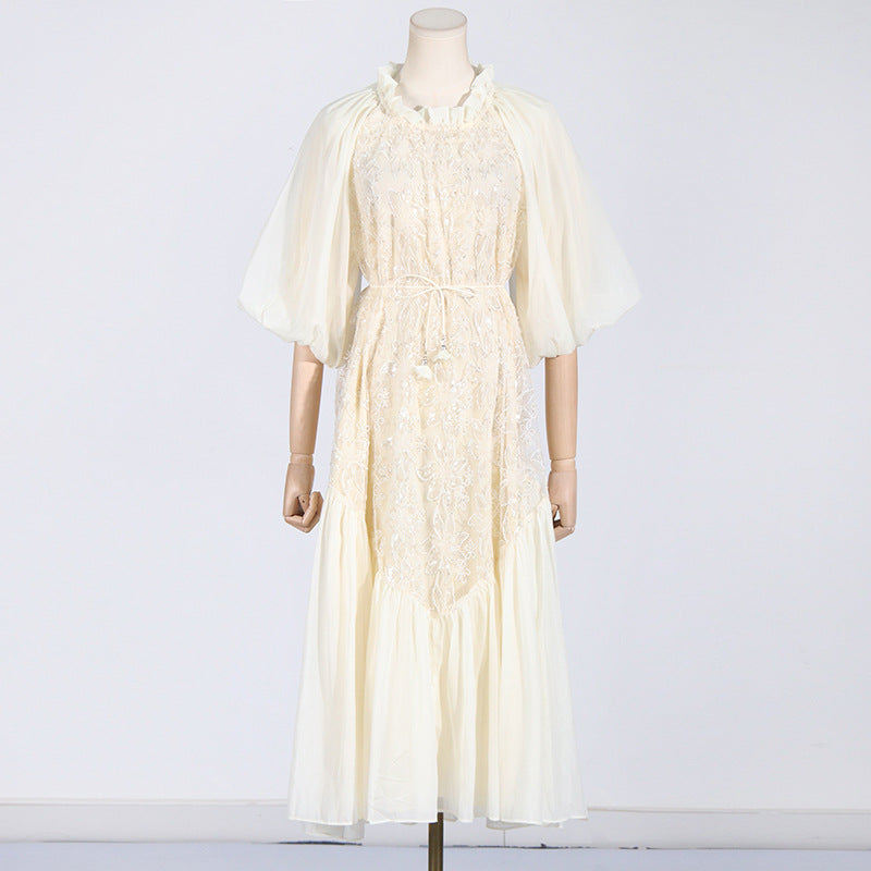 round Neck Wooden Ear Embroidery Tie Neck Slim Waist Solid Color Dress