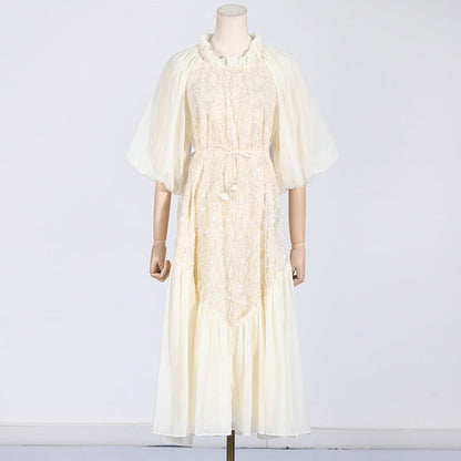 round Neck Wooden Ear Embroidery Tie Neck Slim Waist Solid Color Dress