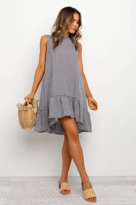 Virna Pocketed Gingham Tiered Babydoll Dress Black