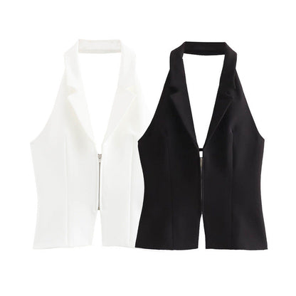 Canvas Halter Neck Backless Lapel Vest