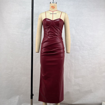 Elegant Faux Leather Tube Top Strap Fold Split Dress