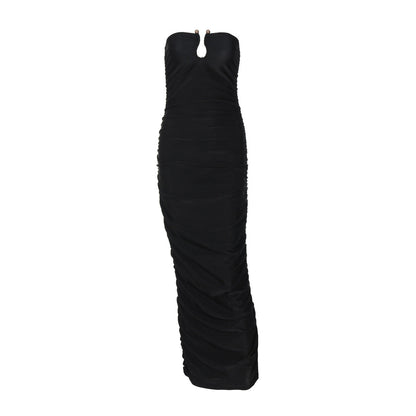 V neck Back Slim Pleated Solid Color Dress