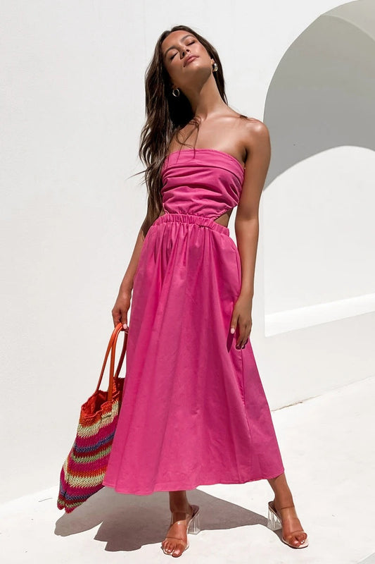 Head Over Heels Strapless Satin Maxi Dress Pink