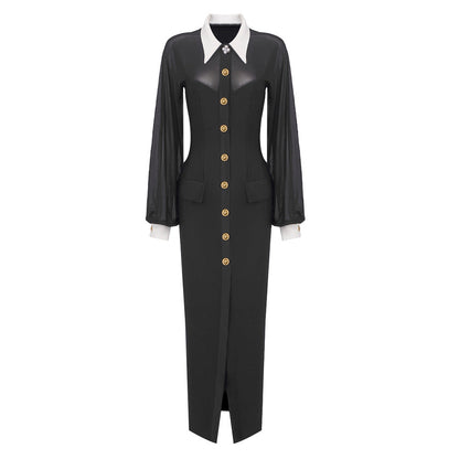 White Collar Black Long Sleeve Mesh Maxi Dress Open Button Cardigan Dress Catwalk