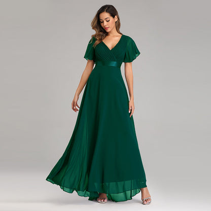 Hand - Folded Large V - neck Dress Chiffon Elastic Banquet Bridesmaid Evening Dress for