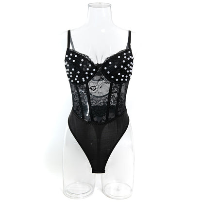 Black Staring Pearl Hand Wear Plastic Bones Shaping Body Shaping Double Layer Chest Cup Lace Jumpsuit Single Dressing