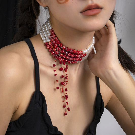 Halloween Beaded Creative Blood Drop Tassel Highend Red Personality Necklace