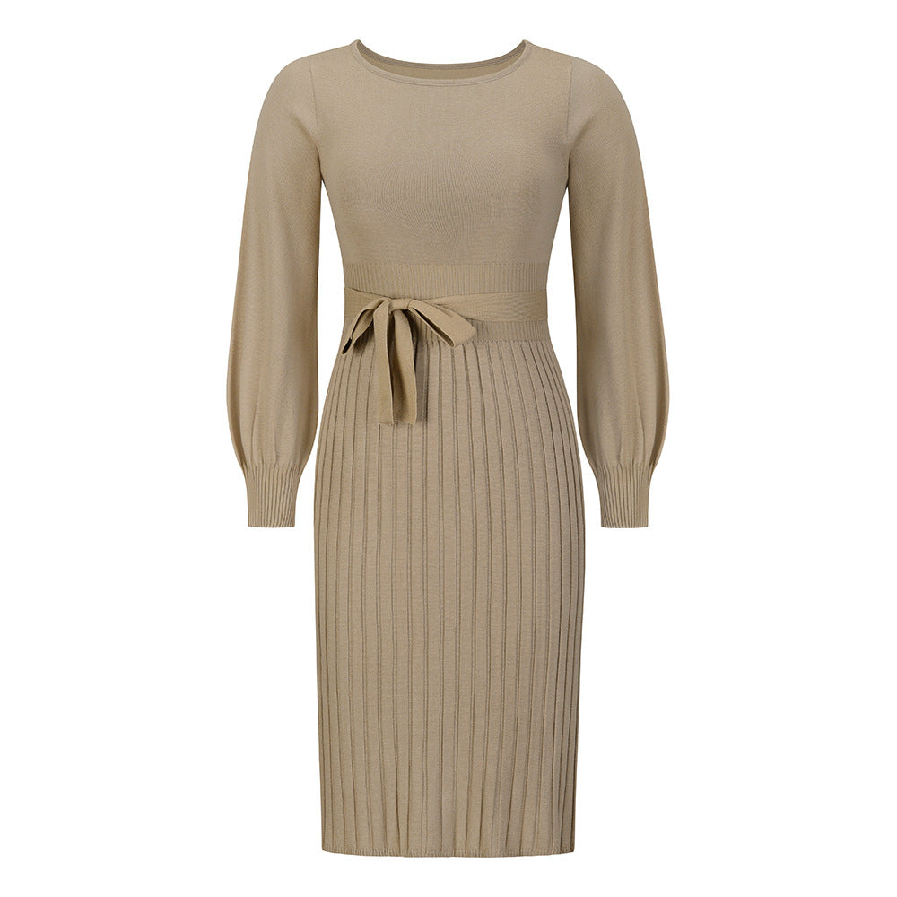 Knitting Dress Slim - Fit Pleated Mid - Length Bottoming Sweater