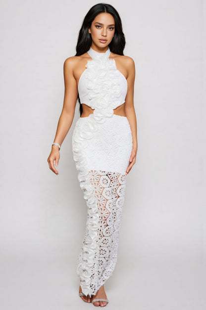 Vedilk 3D Lace Openwork Ruffled Maxi Dress