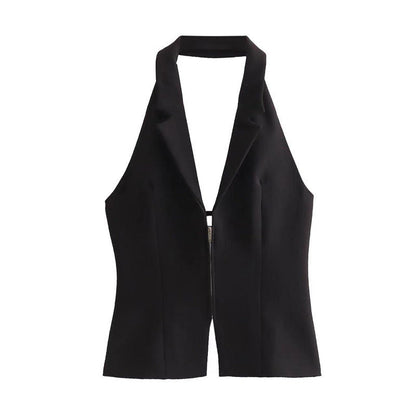 Canvas Halter Neck Backless Lapel Vest