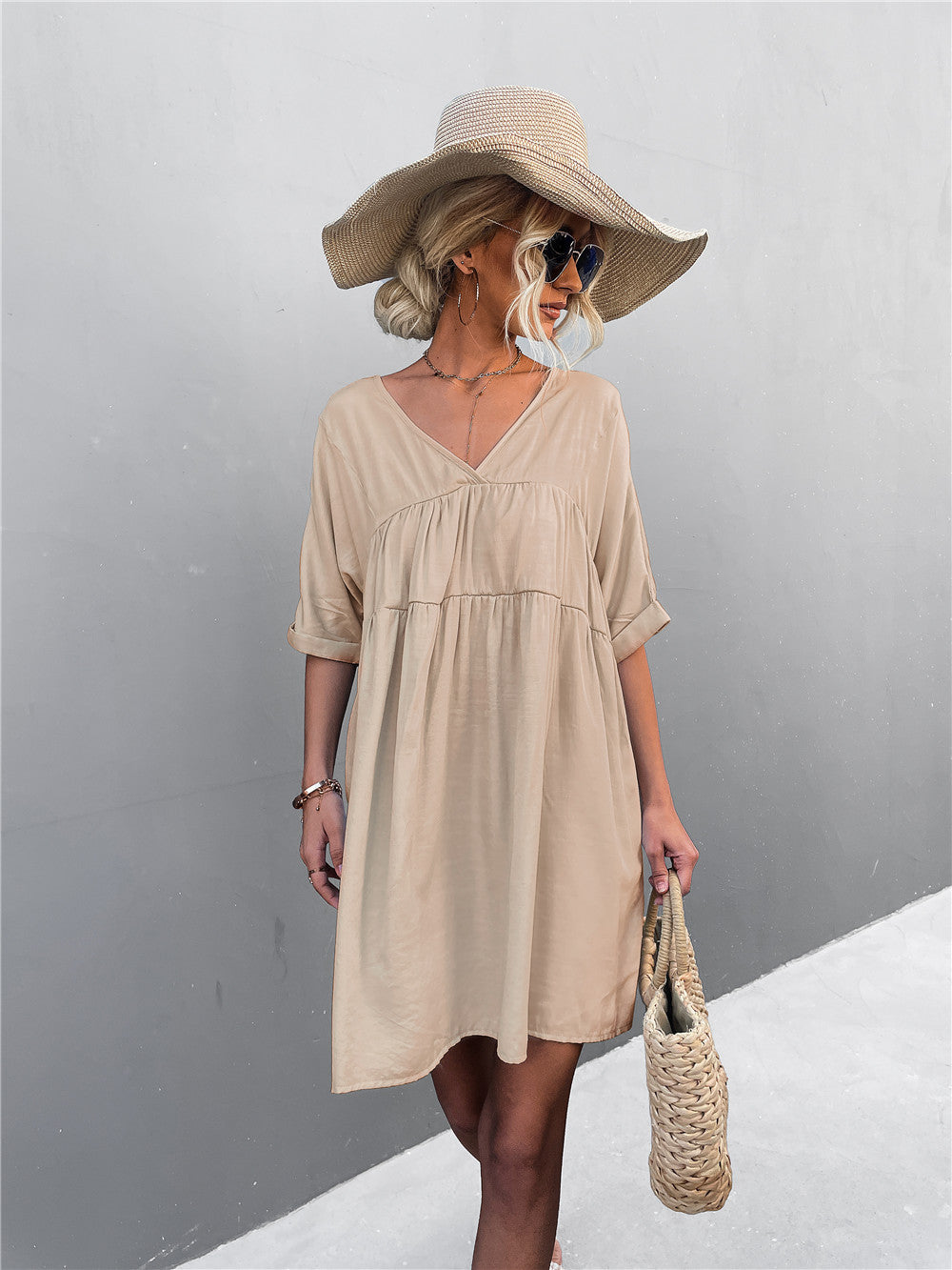 Goodness Cotton Pocketed Babydoll Dress Khaki