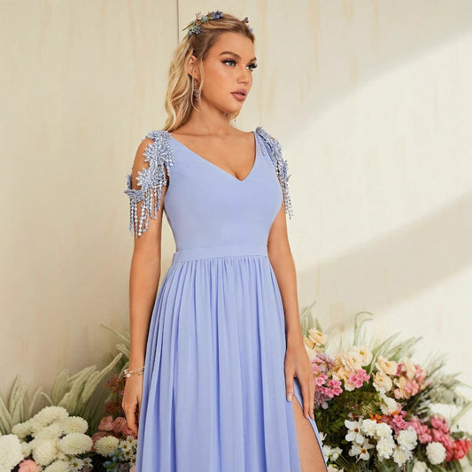 V neck Elegant Evening Dress Prom Party Slit Evening Dress Wedding Dinner Toast Dress Annual Meeting Dress