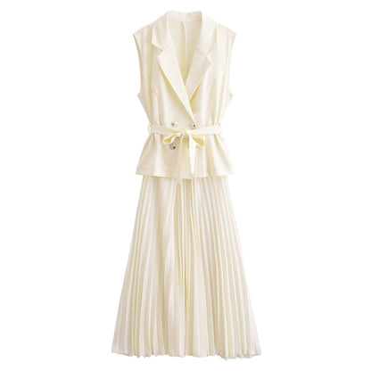 Double-Breasted Belted Vest And Dress Set