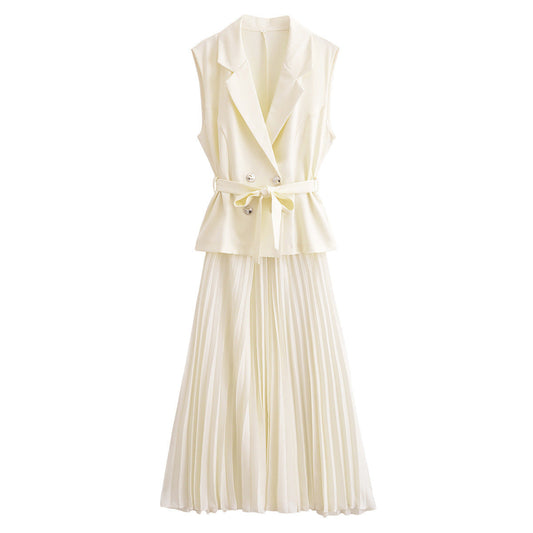 Double-Breasted Belted Vest And Dress Set