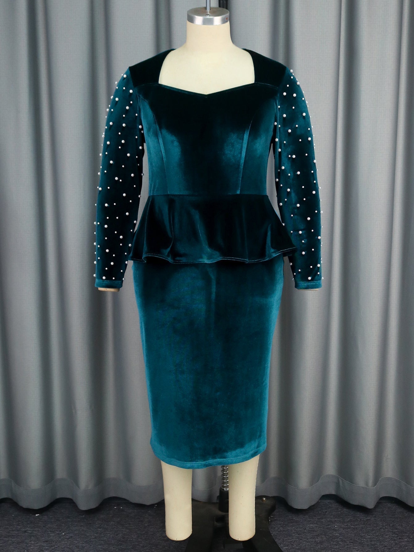 Elegant Long Sleeve Beaded Dress Flannel High Waist Dress