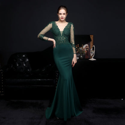 Full Craft Lace Diamond Toast Dress Bride Long Long Sleeve Appreciation Dinner Fishtail Evening Dress Formal Gown