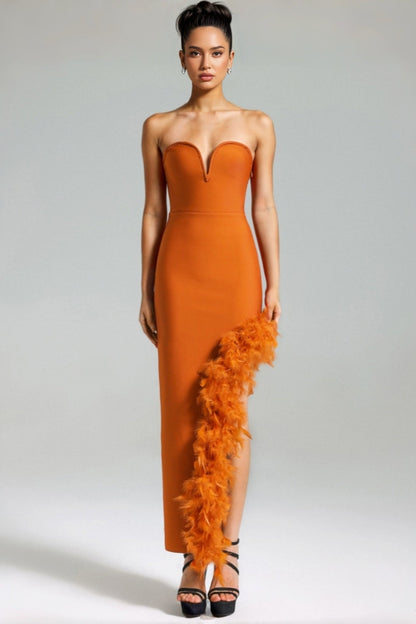 Yeli Feather Slant Hem Bandage Maxi Dress