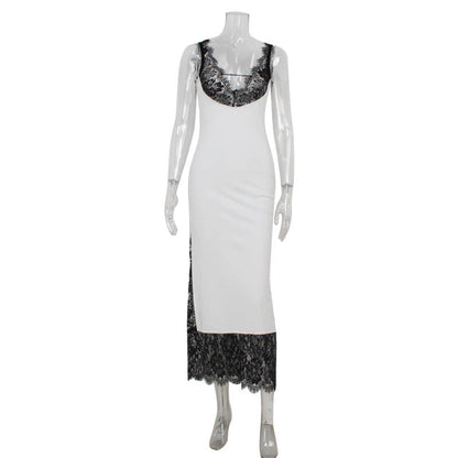 Sleeveless Deep V Plunge Lace StitchingElegant Lady Dress Slim Sheath Dress Long