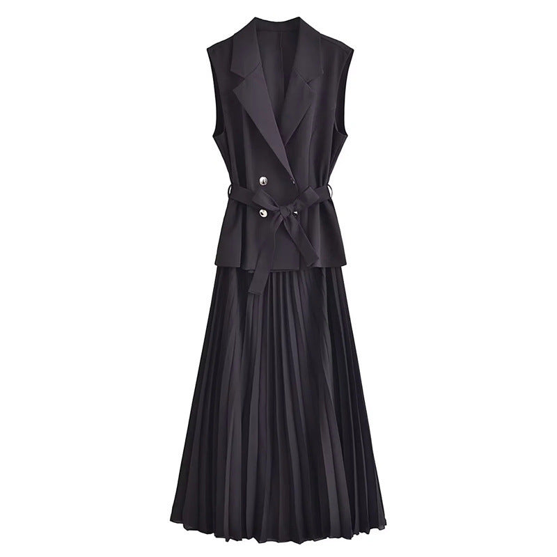 Double-Breasted Belted Vest And Dress Set