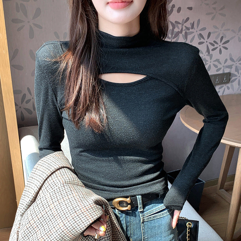Asymmetric Cut Out Turtleneck Long Sleeve Slinky Top