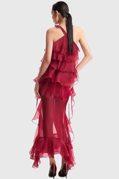 Roalk Red Ruffled 3D Flower Maxi Dress
