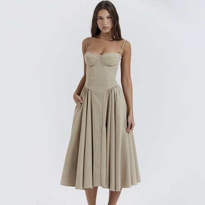 V neck Strap Mid Length Dress Waist Tight Slim Backless Dress for