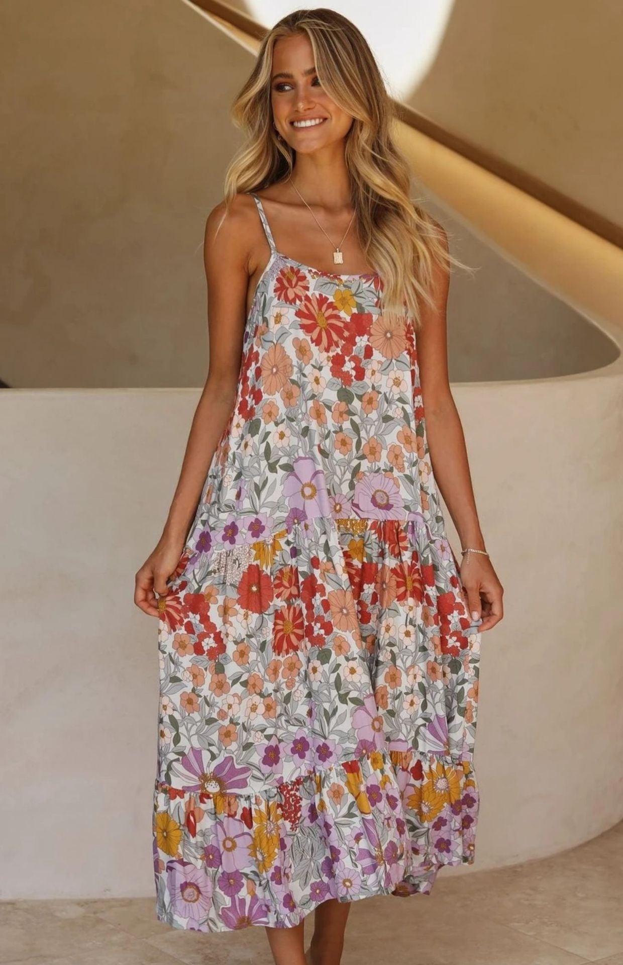 Kiram Floral Tiered Tassel Babydoll Dress Pink Multi