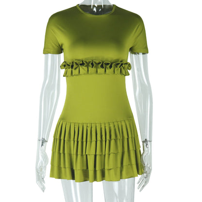 Solid Color Tight Sweet Fresh Pleated Skirt Short Sleeve round Neck Short Dress