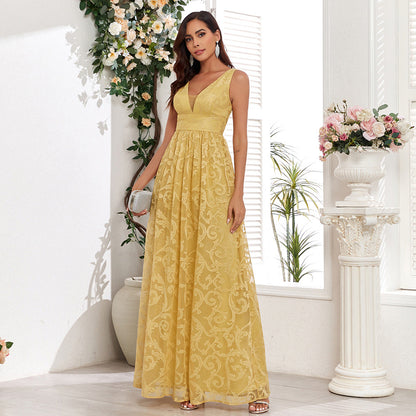 Sleeveless Pattern Lace Double V neck Elegant Evening Dress a Large Swing Back Zipper Full Lining Party Maxi Dress