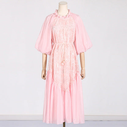 round Neck Wooden Ear Embroidery Tie Neck Slim Waist Solid Color Dress