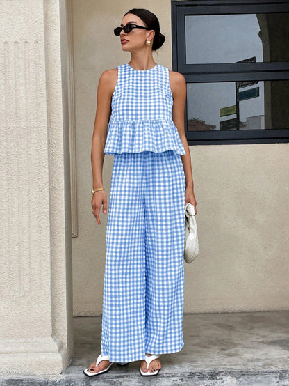 Casual round Neck Sleeveless Ruffles Top with Swing High Waist Straight Leg Pants