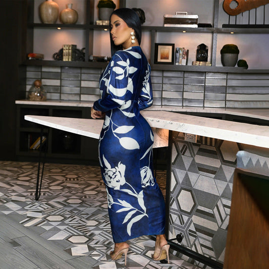 V neck Long Sleeve Printed Dress