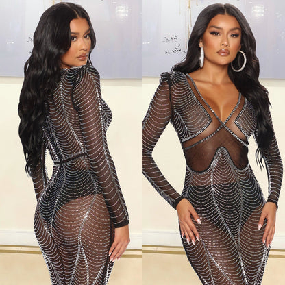 Magaly Aesthetic Women's Evening Dress Made of Mesh with Rhinestone Decorations Designer Edit