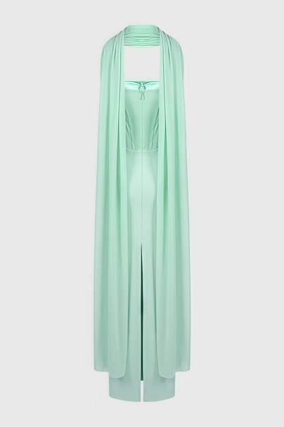 Gened Green Ribbon Sheer Chiffon Maxi Dress