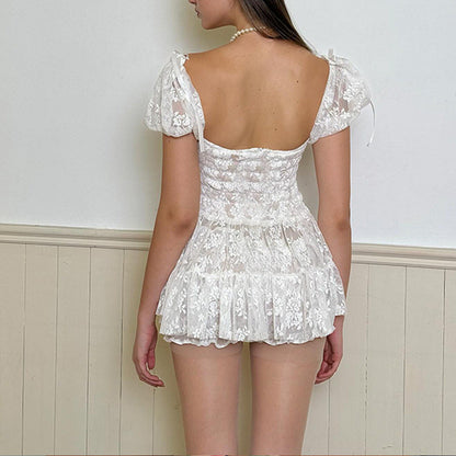 Square Neck Mesh Waist Puff Sleeve Dress