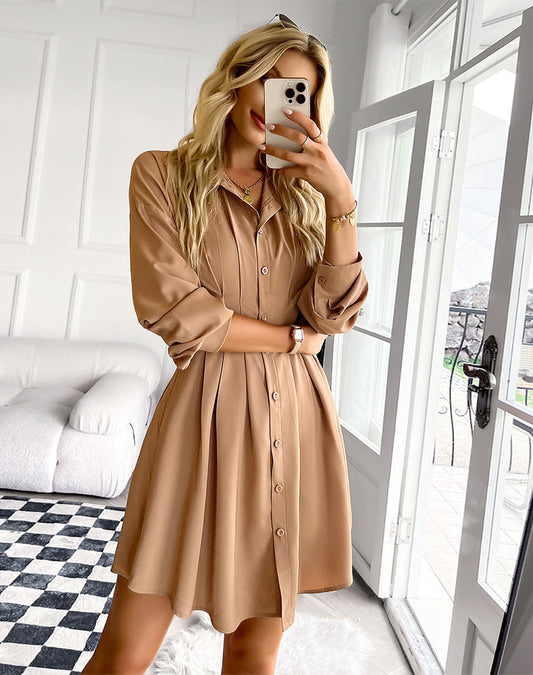 Sarabeth Pintuck Button Down Shirt Dress Camel