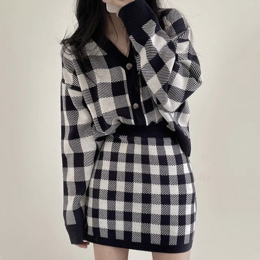 Checkered Wool Blend Button Cardigan And Skirt Set