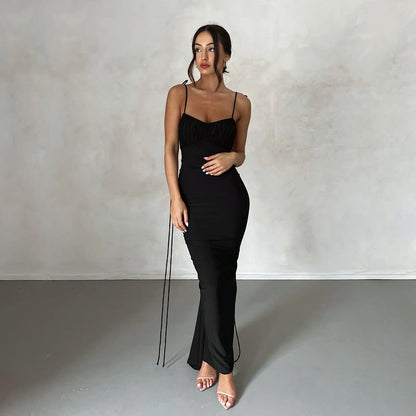 Backless Pleated Dress Evening Dress Sleeveless Strap Dress for