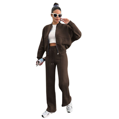 Autumn Winter Solid Color with Fur Zipper Cardigan Women Clothes Casual Straight Pants Two Piece Sets