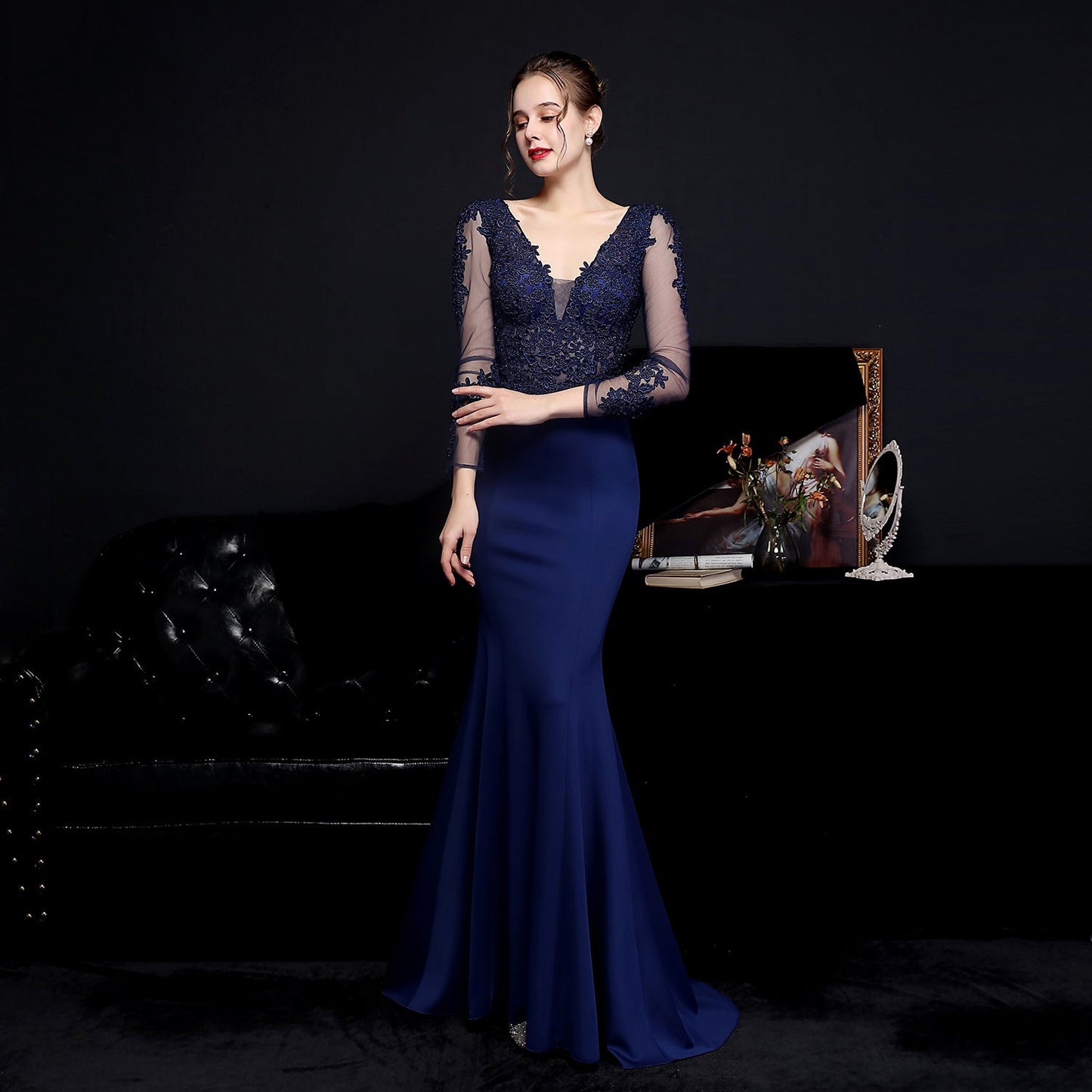 Full Craft Lace Diamond Toast Dress Bride Long Long Sleeve Appreciation Dinner Fishtail Evening Dress Formal Gown